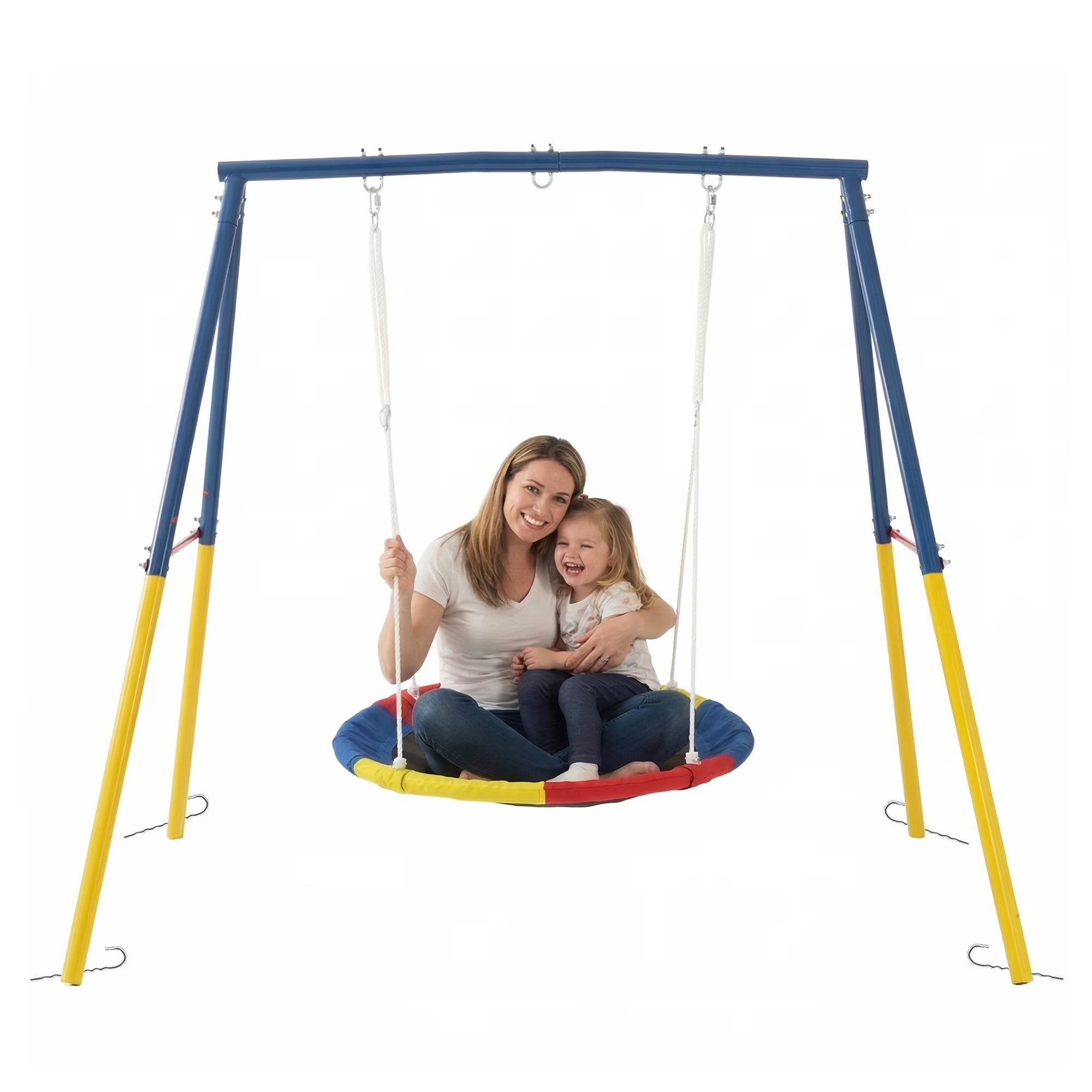 Kdymod 440lbs 40" Saucer Swing with Frame for Kids Outdoor, Heavy Duty Metal Swing Set with Adjustable Ropes & Ground Anchors, A-Frame Backyard Playset for Playground, Toddlers Ages 3+, Blue