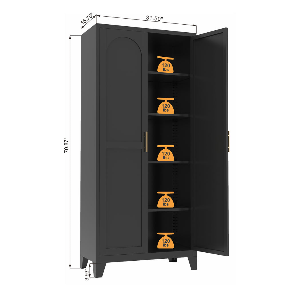 Uiowio 71" Height Metal Storage Cabinet, Modern Tall Steel Pantry Cupboard with 2 Shapely Doors and Adjustable Shelves for Kitchen Garage and Home,Black