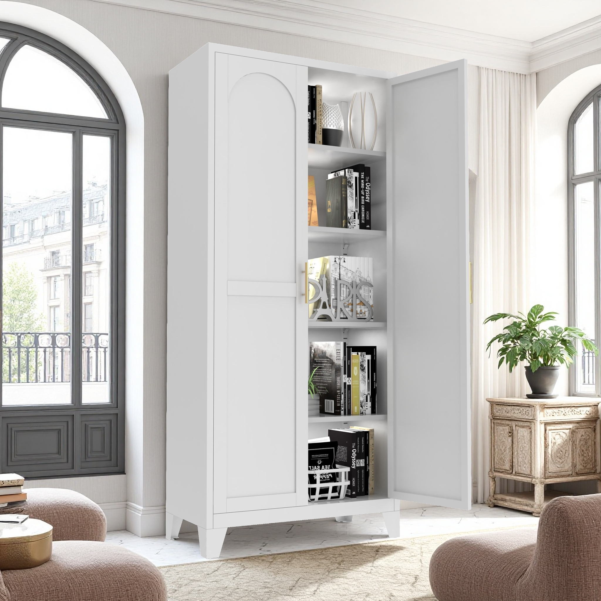 Uiowio 71" Height Metal Storage Cabinet, Modern Tall Steel Pantry Cupboard with 2 Shapely Doors and Adjustable Shelves for Kitchen Garage and Home, White