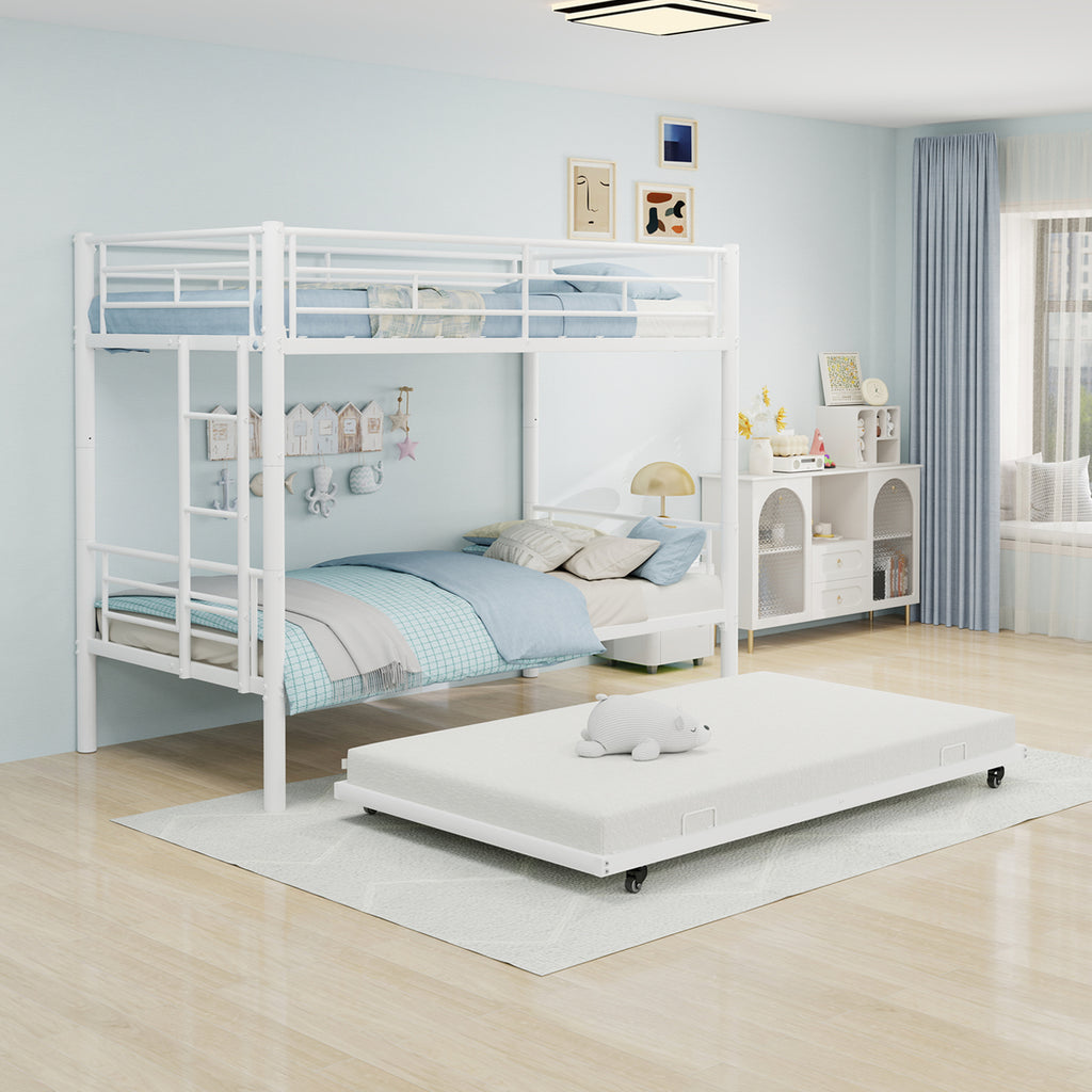 Kdymod Triple Bunk Bed Twin over Twin with Twin Trundle, Bunk Bed with Convertible 2-in-1 Design, Metal Bunk Bed Frame with Ladder & Safety Guardrail, Space-Saving for Teens and Adults, White
