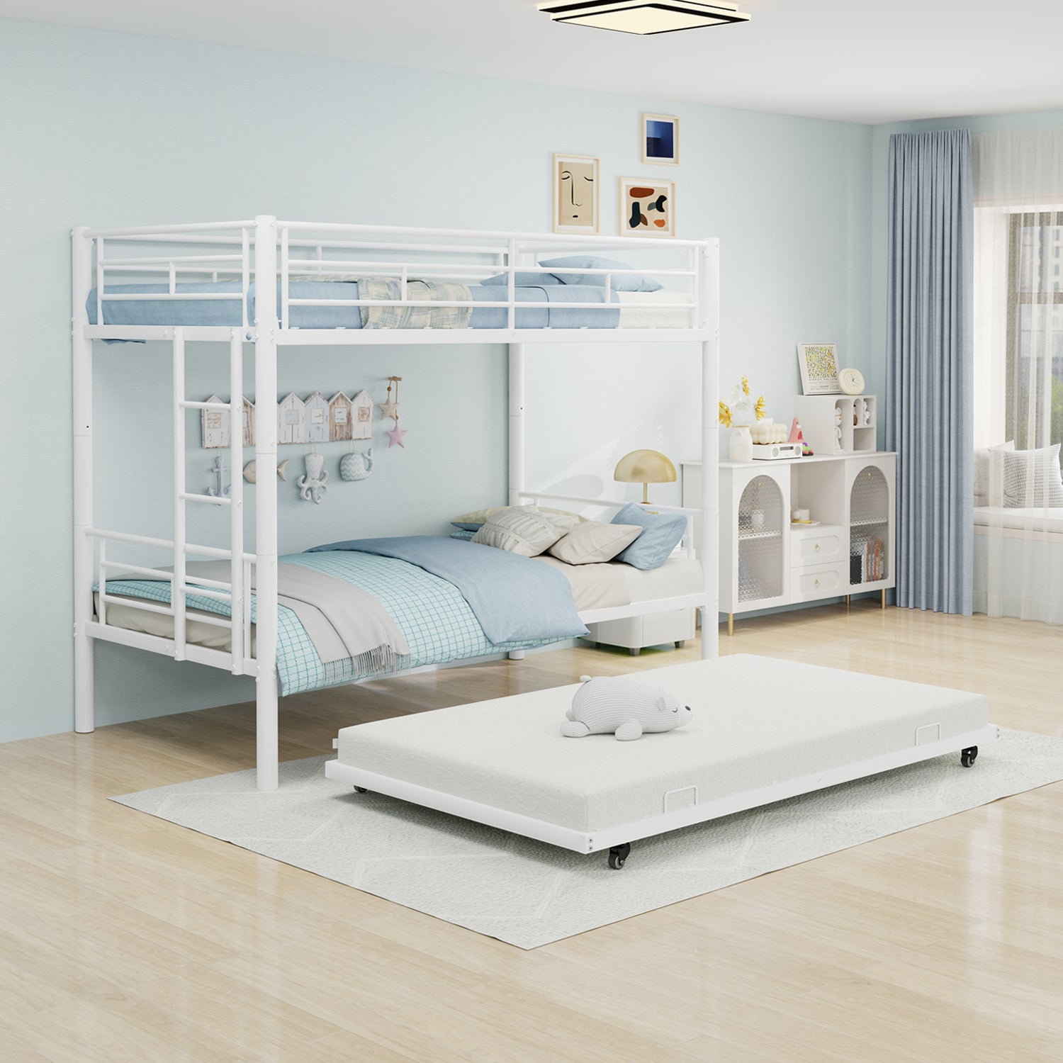 Kdymod Triple Bunk Bed Twin over Twin with Twin Trundle, Bunk Bed with Convertible 2-in-1 Design, Metal Bunk Bed Frame with Ladder & Safety Guardrail, Space-Saving for Teens and Adults, White