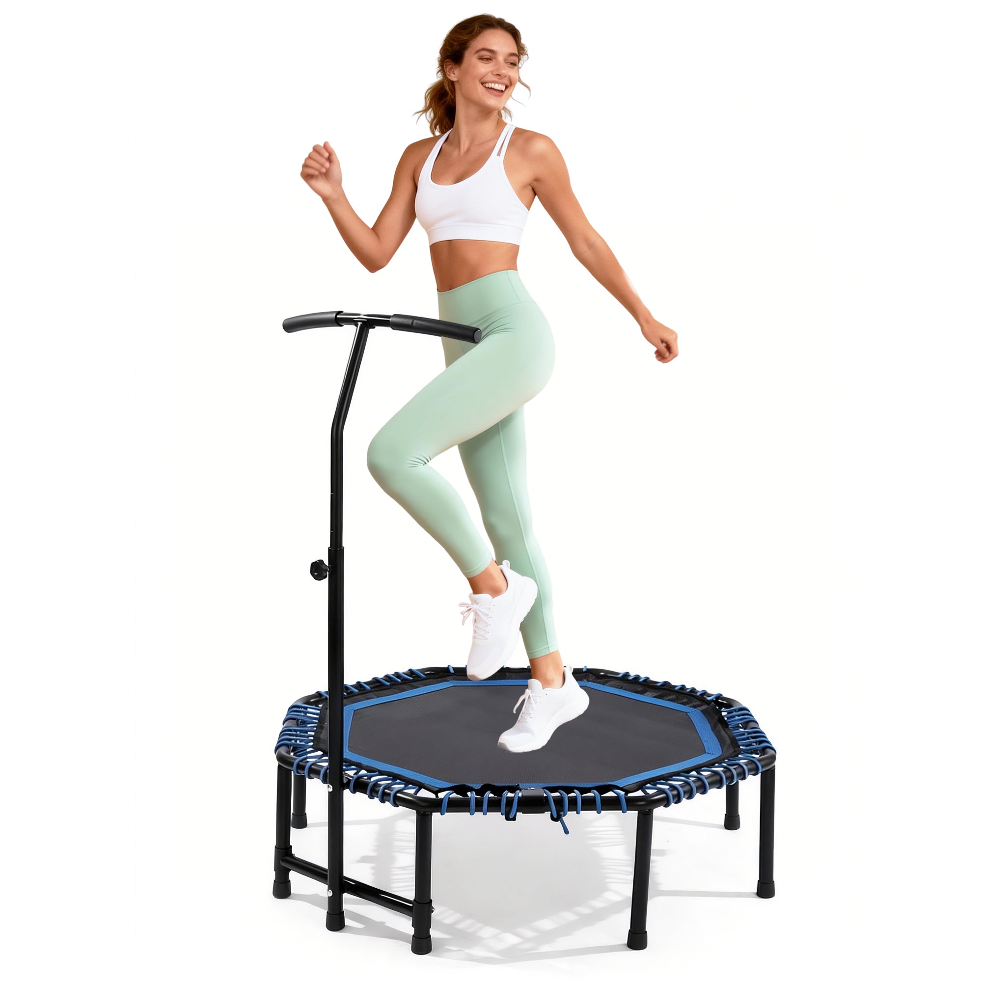 Mersco 48'' Foldable Fitness Trampoline With Adjustable Handlebar for Adults, 450LBS Indoor Sports Trampoline With Durable Bungee Ropes,Quiet Exercise Rebounder for Cardio and Strength Training ,Blue