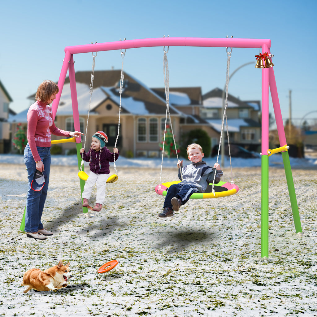 Mersco 2-in-1 Swing Set for Backyard with Stand, Swing Heavy Duty 440lbs Metal Outdoor Swing Stand, Contain 1 Saucer 32" & 1 Belt Seat 26.2" for Playground, Backyard Playset,Pink