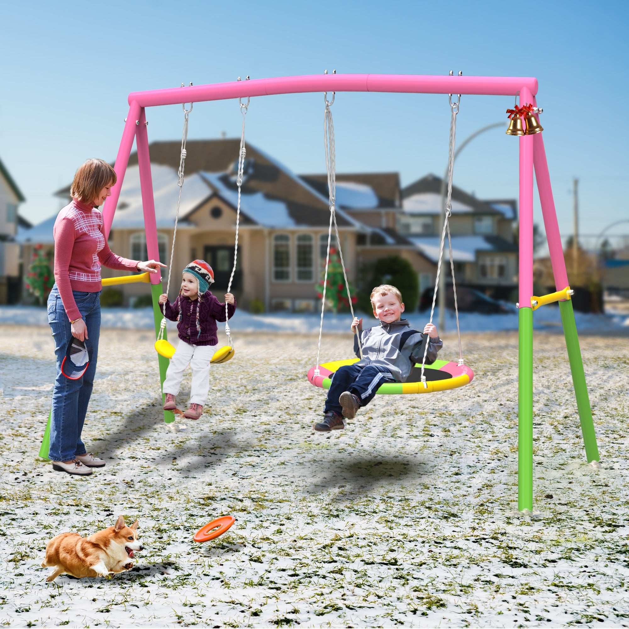 Mersco 2-in-1 Swing Set for Backyard with Stand, Swing Heavy Duty 440lbs Metal Outdoor Swing Stand, Contain 1 Saucer 32" & 1 Belt Seat 26.2" for Playground, Backyard Playset,Pink