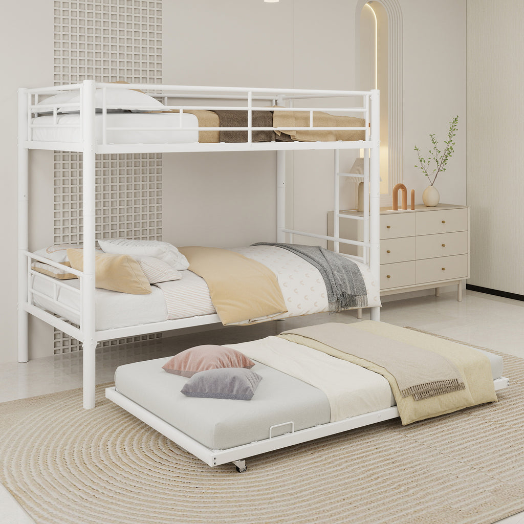 Uiowio Triple Bunk Bed Twin over Twin with Trundle,Triple Twin Bunk Bed with Ladder & Guardrail,Metal Convertible Triple Bunk Bed Frame for Teen & Adult,Bedroom,Dorm,White (Mattress not included)