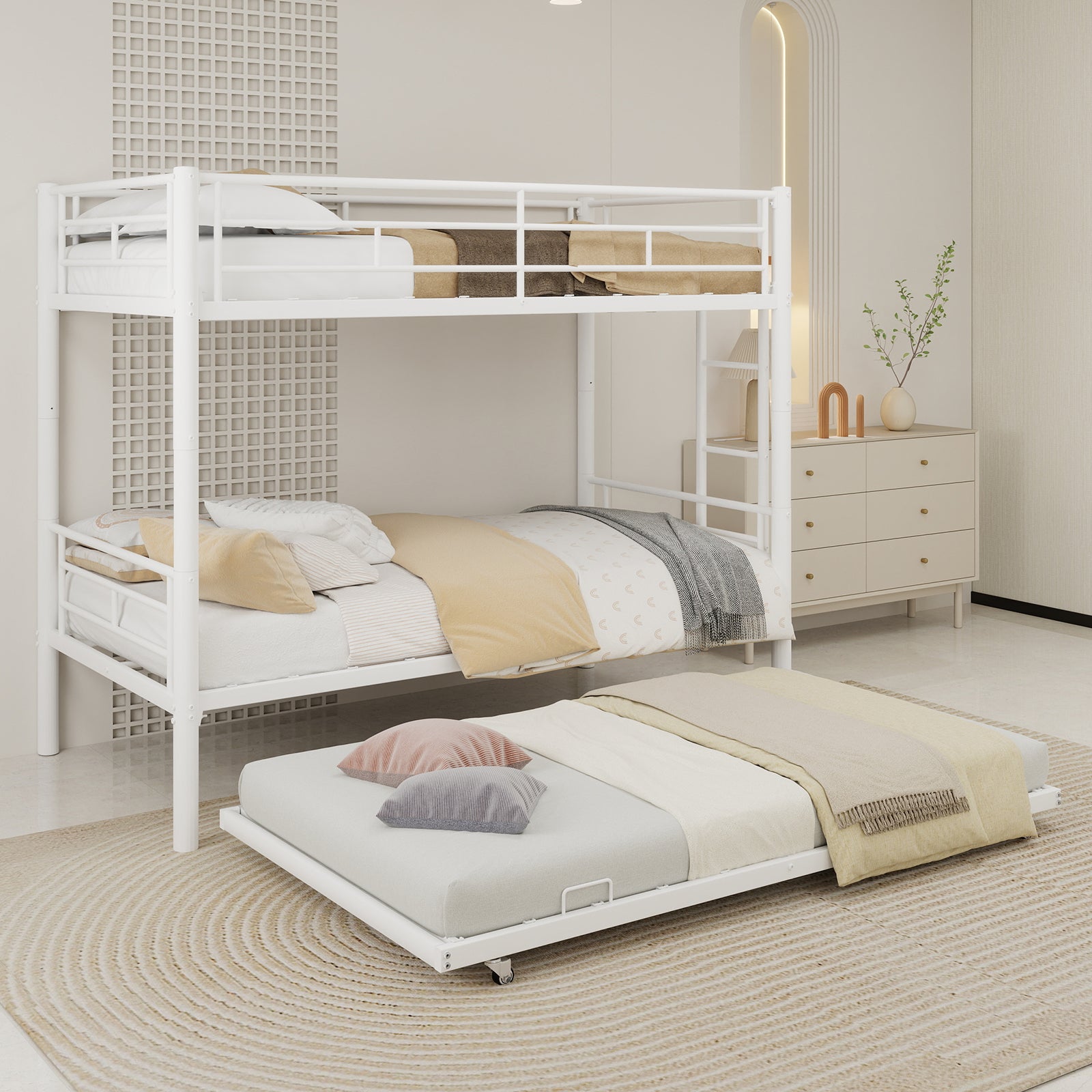 Uiowio Triple Bunk Bed Twin over Twin with Trundle,Triple Twin Bunk Bed with Ladder & Guardrail,Metal Convertible Triple Bunk Bed Frame for Teen & Adult,Bedroom,Dorm,White (Mattress not included)