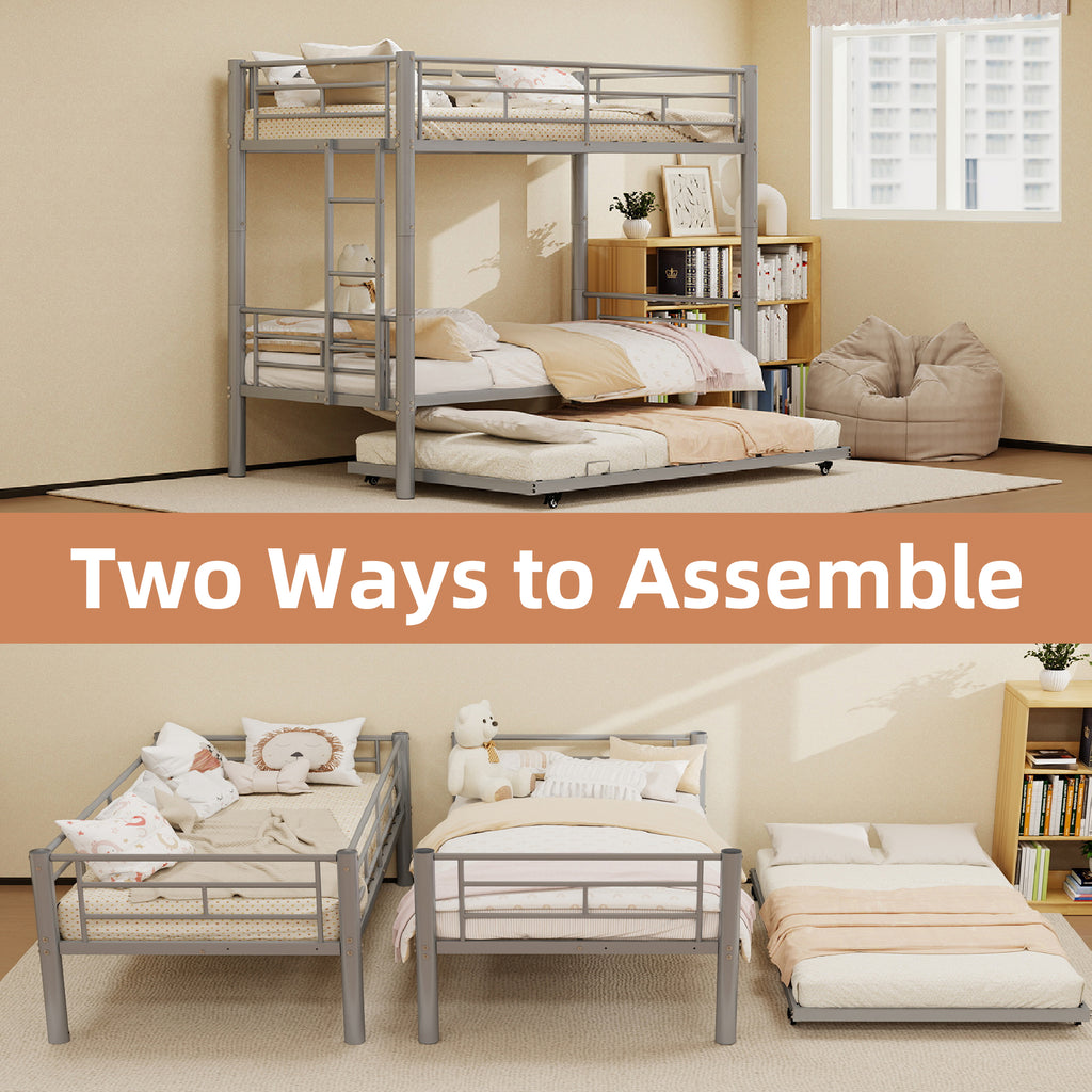 Kdymod Triple Bunk Bed Twin over Twin with Trundle, Convertible Metal Bunk Bed Frame with Ladder & Safety Guardrail, Space-Saving for Teens and Adults, Bedroom Dorm, Silver