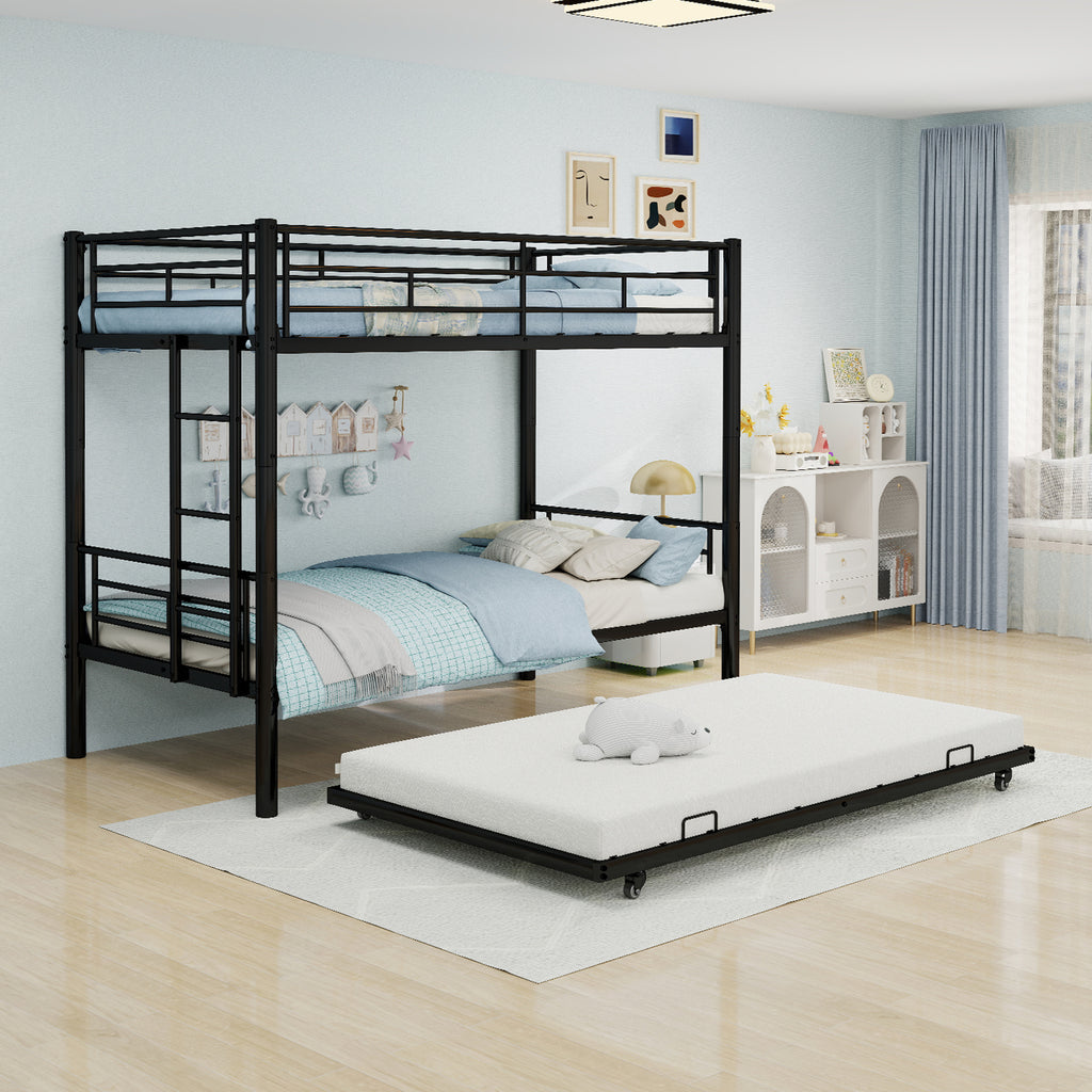 Kdymod Triple Bunk Bed Twin over Twin with Twin Trundle, Bunk Bed with Convertible 2-in-1 Design, Metal Bunk Bed Frame with Ladder & Safety Guardrail, Space-Saving for Teens and Adults, Black