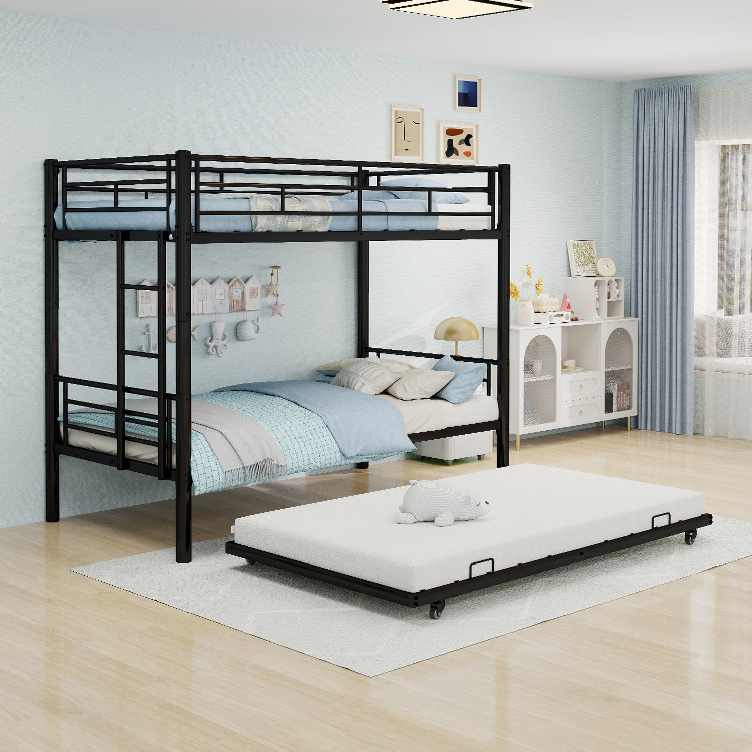 Kdymod Triple Bunk Bed Twin over Twin with Twin Trundle, Bunk Bed with Convertible 2-in-1 Design, Metal Bunk Bed Frame with Ladder & Safety Guardrail, Space-Saving for Teens and Adults, Black