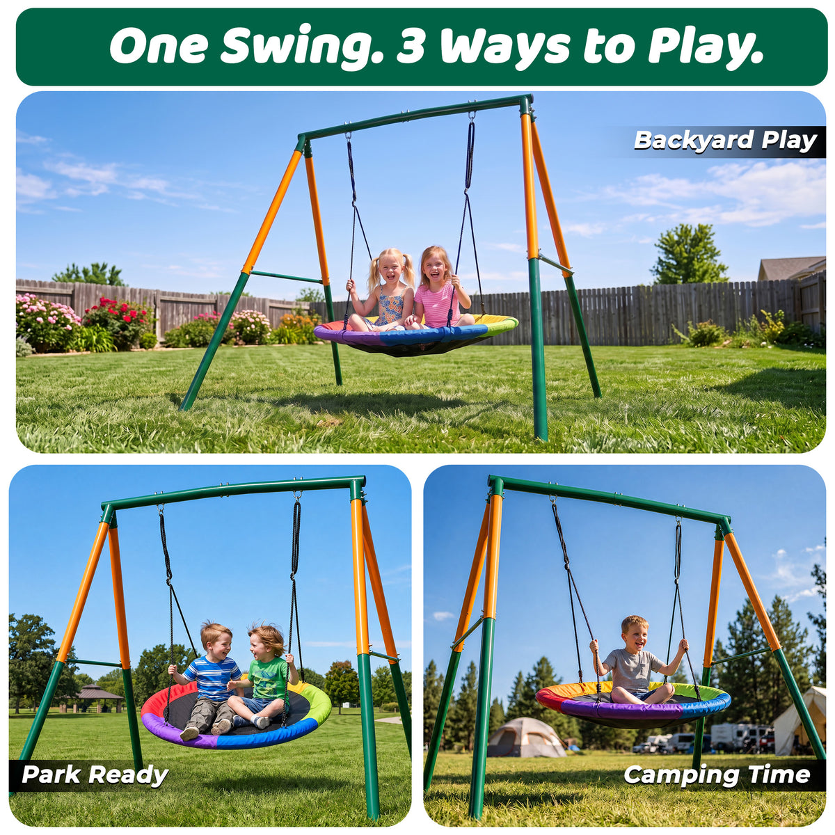 Mersco 48"Swing Set for Backyard with Stand,440 LBS Saucer Swing for Kids Outdoor with Heavy-Duty Metal Frame & Adjustable Ropes Round Swing,Green