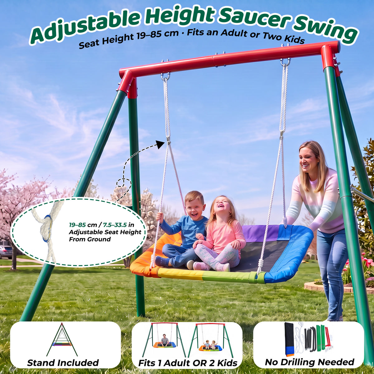 Mersco 60" Platform Swing Seat and Sturdy Metal A-Frame Stand for Kids , Detachable Rectangular Swing, 440 lbs Heavy-Duty A-Frame for Small Backyard Fun,Green