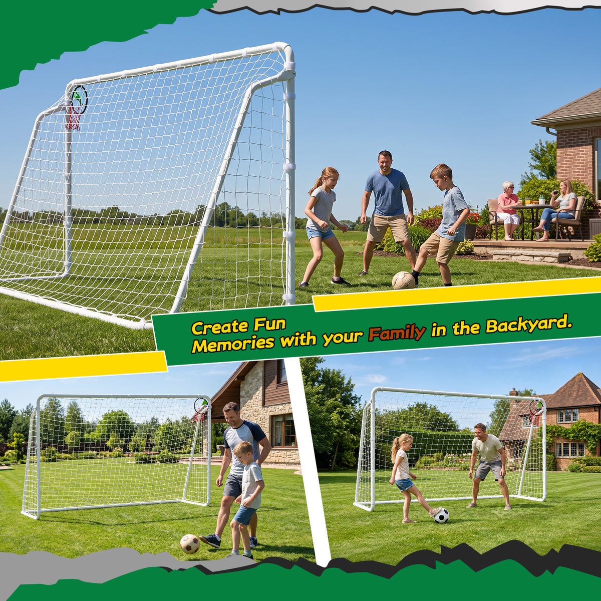 Mersco 10.5x6 FT Soccer Goal for Backyard,Heavy-Duty Metal Soccer Net,Outdoor Soccer Equipment Set, with 6 Soccer Cones & 5 Stakes, Soccer Goal for Kids and Adults,White