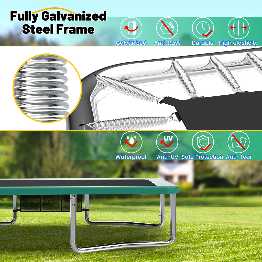 Mersco 8x14FT 4-in-1 Trampoline with Swing Set , Enclosure Net, Recreational Trampoline, Outdoor Kids Trampoline for Backyard, Beach, Birthday Gifts,Green