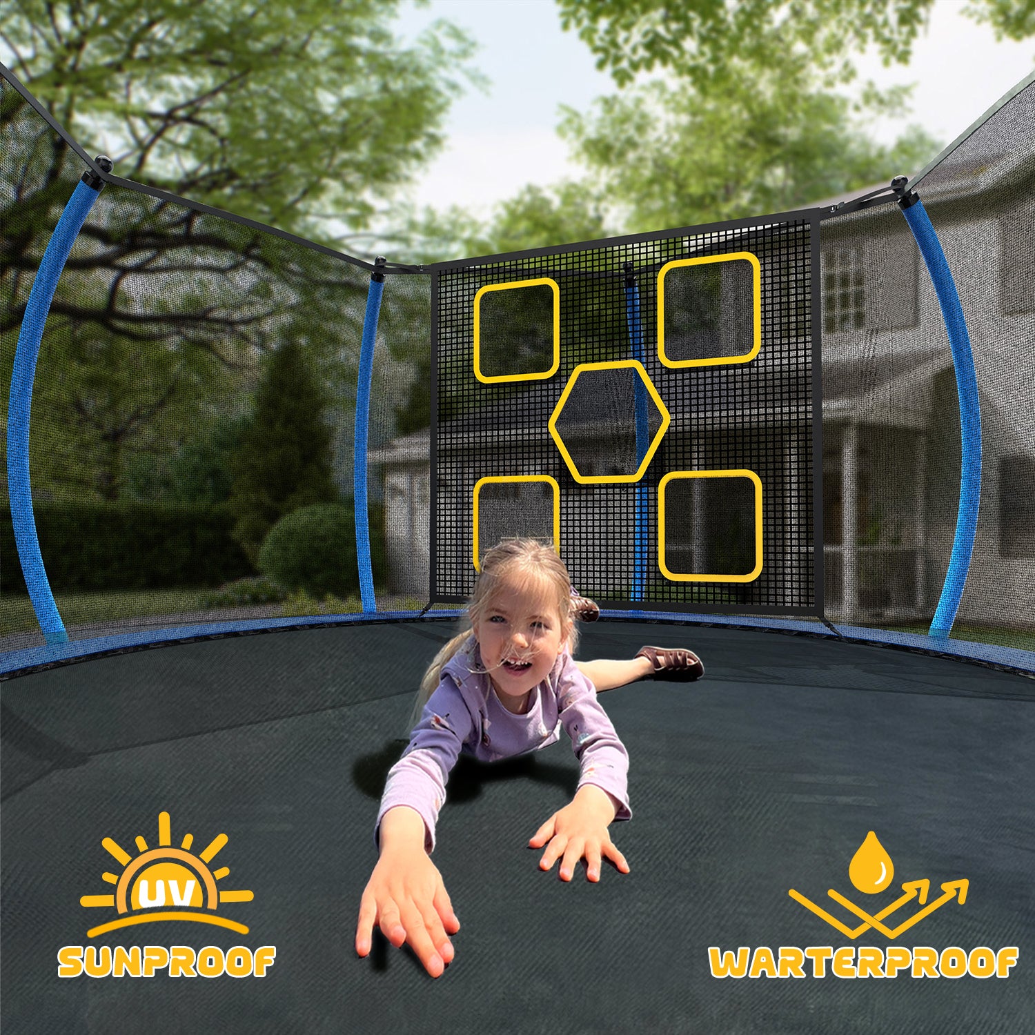 Mersco 12FT Trampoline for Kids with Mulifunctional Target Cloth,Outdoor Recreational Trampolines with Enclosure Net, Ladder,Jumping Trampoline SPACE for Kid Birthday and Festival Gift,Blue