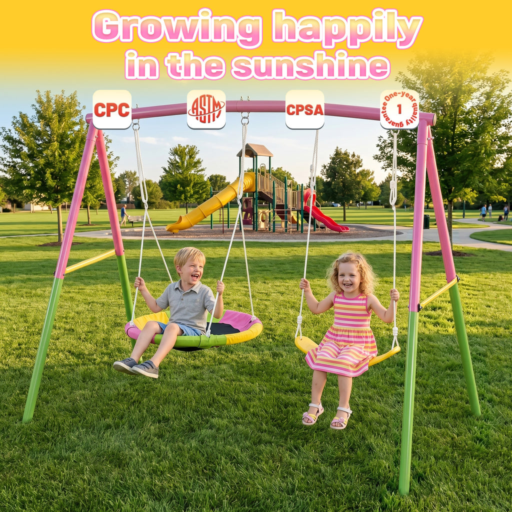 Mersco 3-in-1 Swing Set for Backyard with Slide, Swing Heavy Duty 440lbs Metal Outdoor Swing Stand, Contain 1 Saucer 32" and 1 Belt Seat 26.2" ,Slide for Playground, Backyard Playset