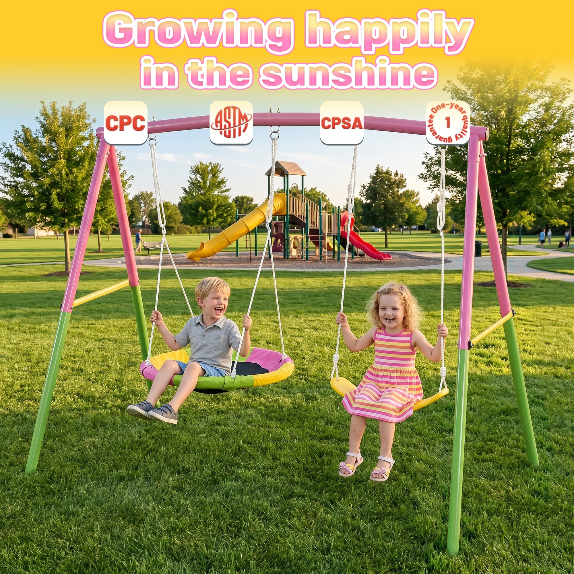 Mersco 3-in-1 Swing Set for Backyard with Slide, Swing Heavy Duty 440lbs Metal Outdoor Swing Stand, Contain 1 Saucer 32" and 1 Belt Seat 26.2" ,Slide for Playground, Backyard Playset