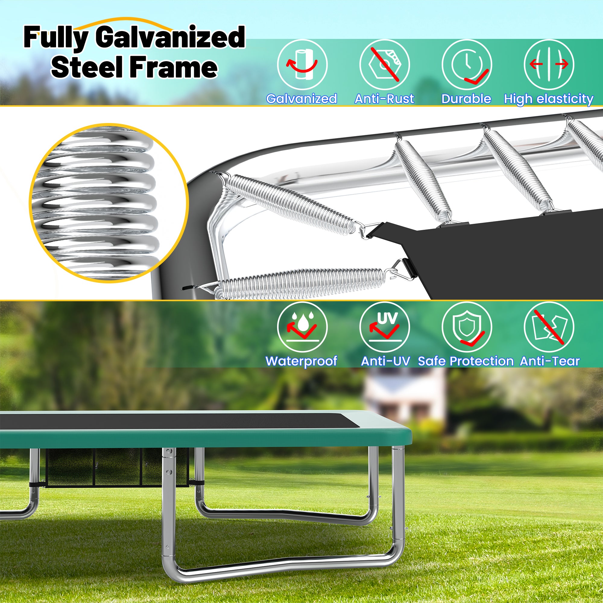 Mersco 10x16FT 4-in-1 Trampoline with Swing Set ,Enclosure Net, Recreational Trampoline, Outdoor Kids and Adults Trampoline for Backyard, Beach, Birthday Gifts ,Green