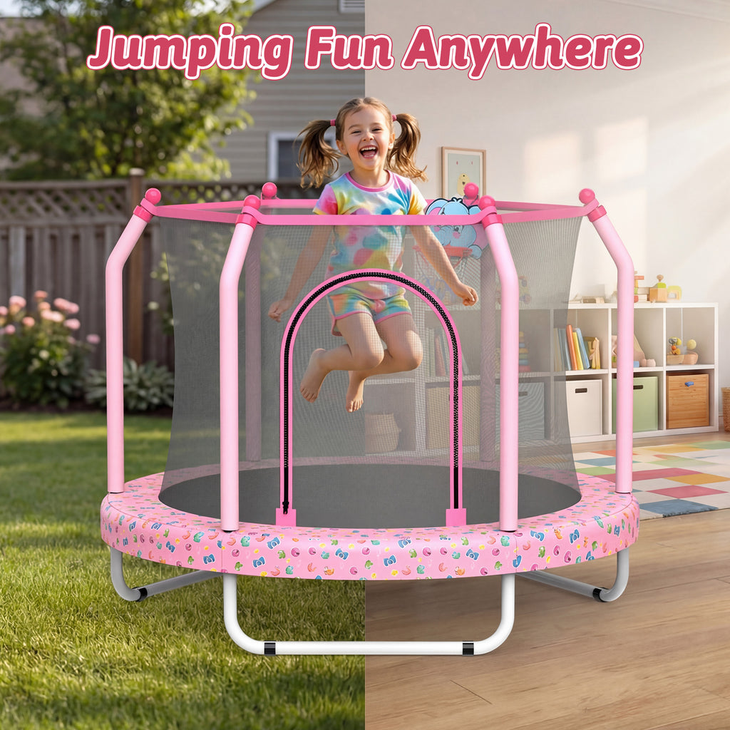 Mersco 55inch Toddler Trampoline, Mini Trampoline for Kids with Enclosure and Basketball Hoop,Indoor Outdoor Kids Trampoline Birthday Gifts, Pink