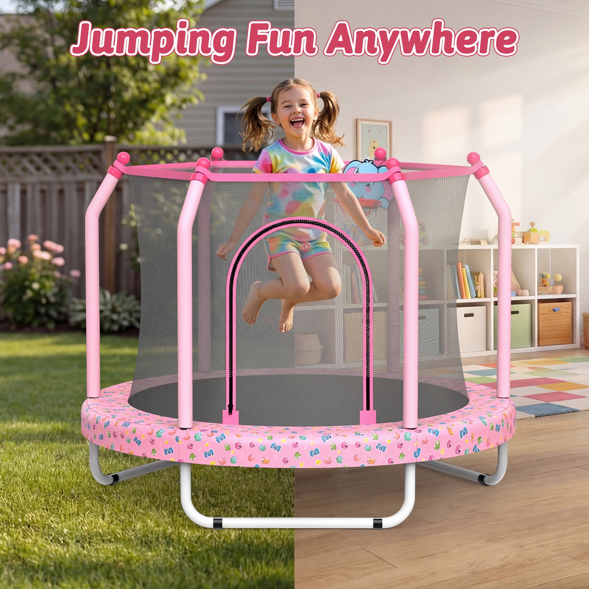 Mersco 55inch Toddler Trampoline, Mini Trampoline for Kids with Enclosure and Basketball Hoop,Indoor Outdoor Kids Trampoline Birthday Gifts, Pink