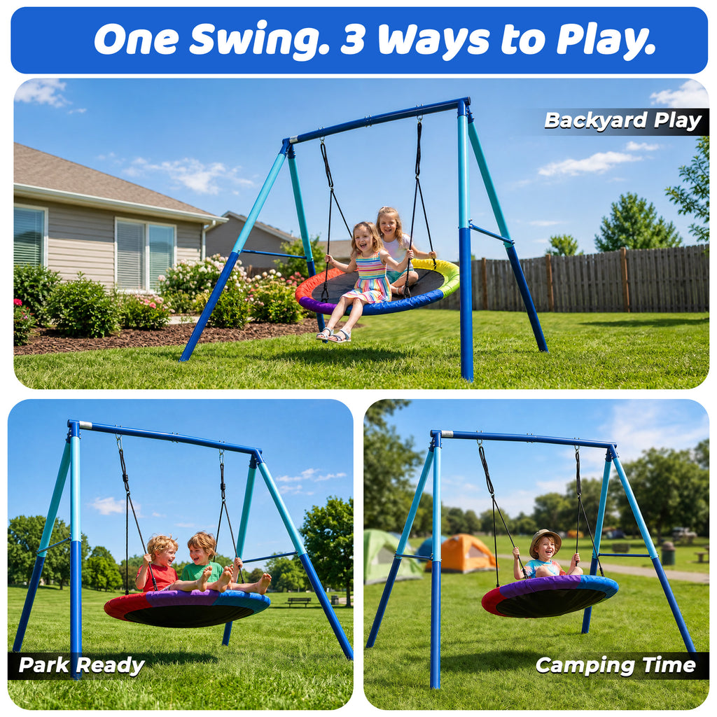 Mersco 48"Swing Set for Backyard with Stand,440 LBS Saucer Swing for Kids Outdoor with Heavy-Duty Metal Frame & Adjustable Ropes Round Swing,Blue