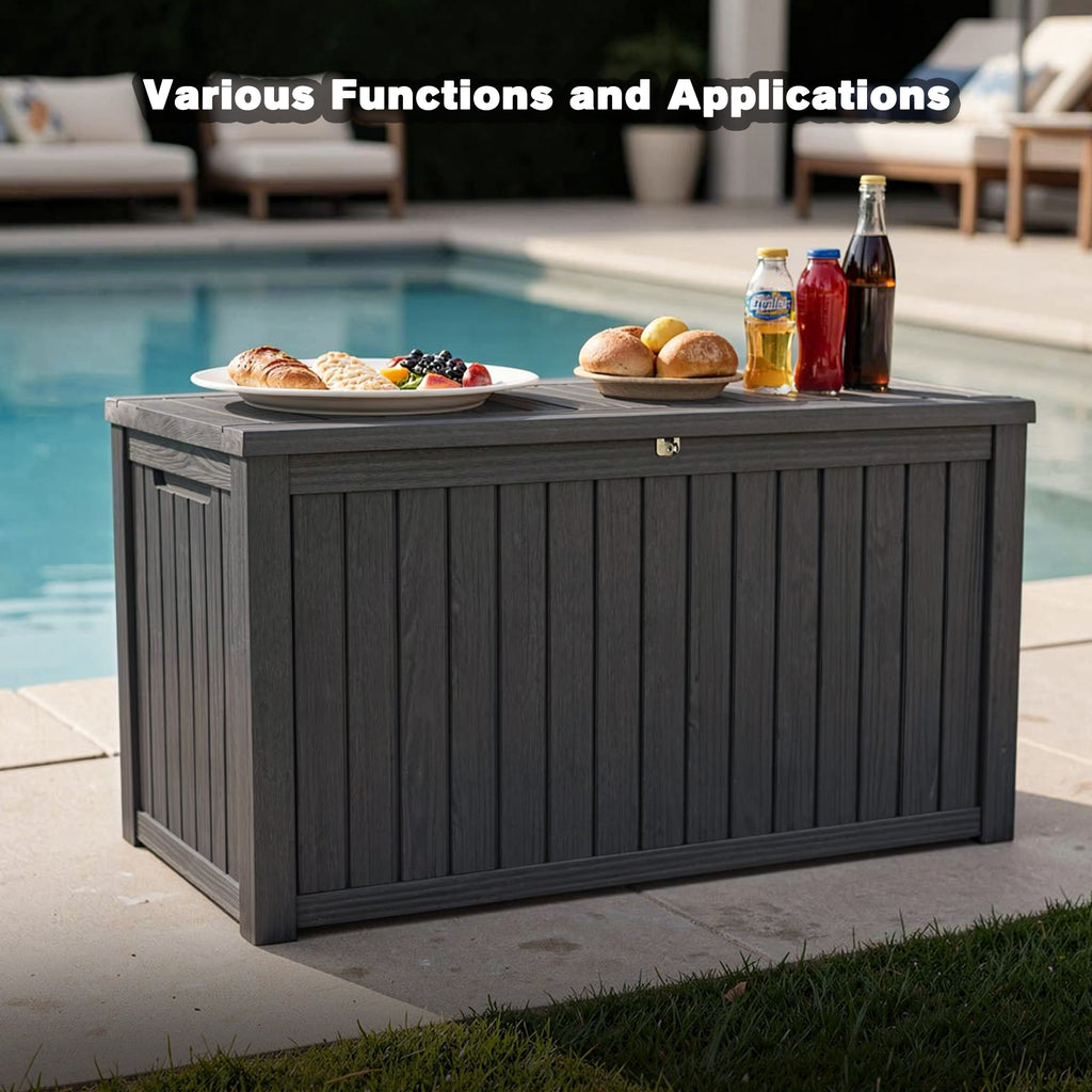 UIOWIO Deck Box Outdoor Storage ,Resin Deck Boxes Outdoor Waterproof UV Resistant with Hundles,Outside Lockable Toy Storage for Pool ,Patio Furniture and Sports Equipment,Black
