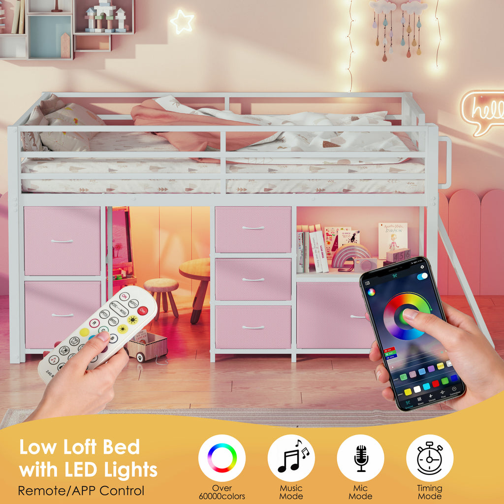 Kdymod Twin Loft Bed with 6 Storage Drawers & Shelf, Loft Bed with LED Lights & Play Curtain, Metal Loft Bed Frame with Ladder & Safety Guardrail, Pink
