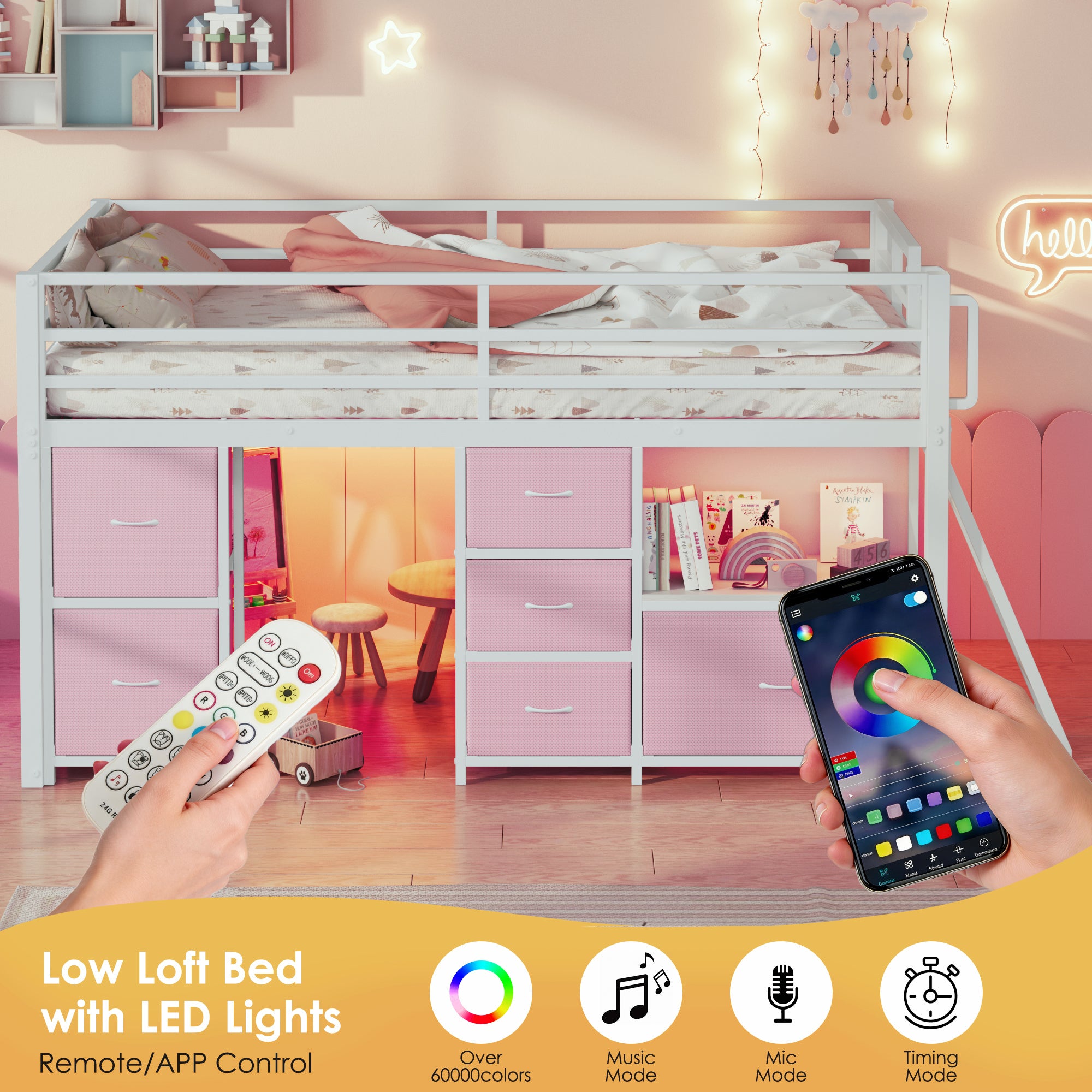 Kdymod Twin Loft Bed with 6 Storage Drawers & Shelf, Loft Bed with LED Lights & Play Curtain, Metal Loft Bed Frame with Ladder & Safety Guardrail, Pink