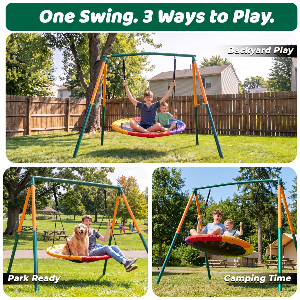 Mersco 60" Saucer Swing with Stand for Adults & Kids, Extra-Large Detachable Round Swing, 440 lbs Heavy-Duty A-Frame for Small Backyards & Camping,Green