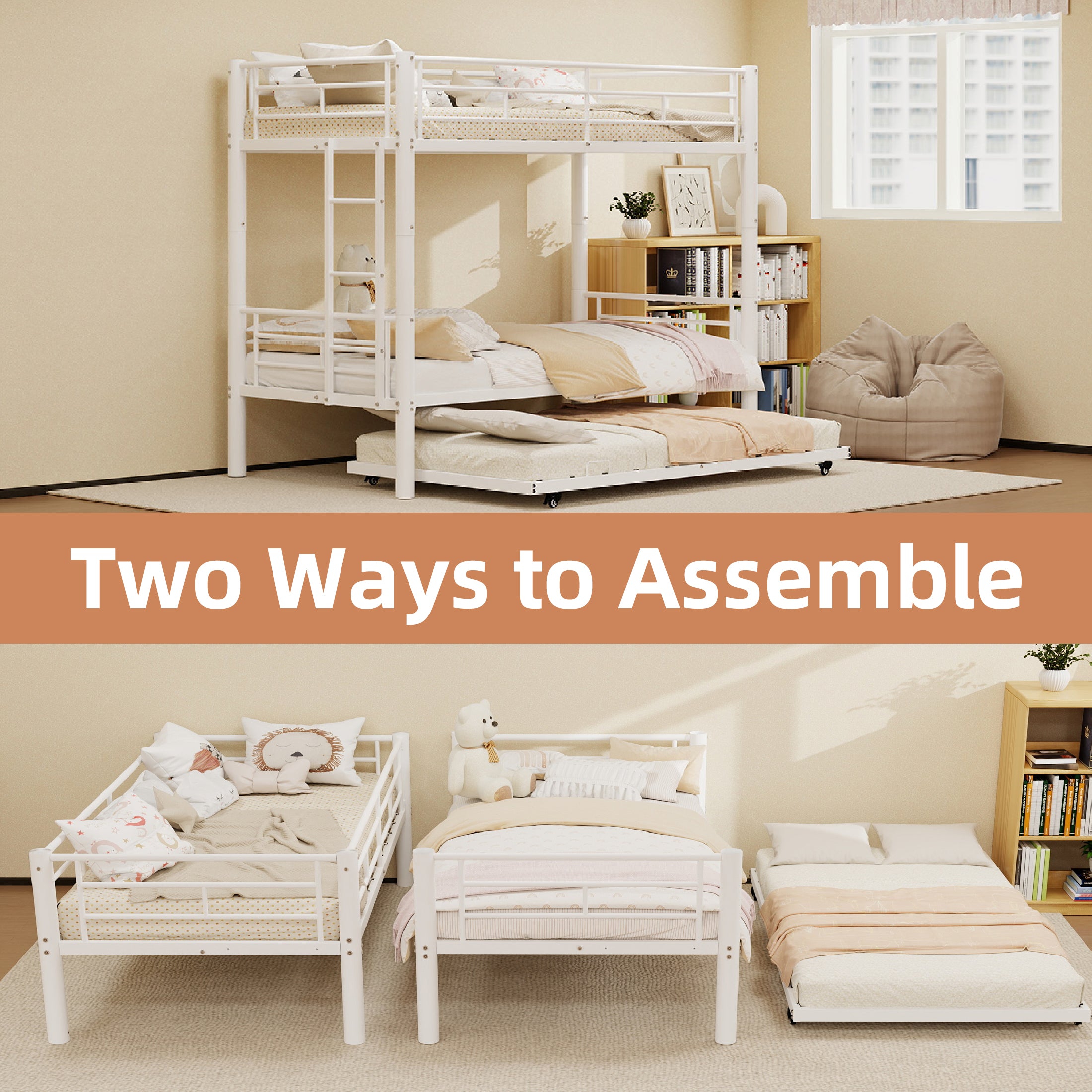 Kdymod Triple Bunk Bed Twin over Twin with Trundle, Includes 3 Twin Size 6" Green Tea Memory Foam Mattresses, Convertible Metal Frame with Ladder and Guardrail, for Teens and Adults, White