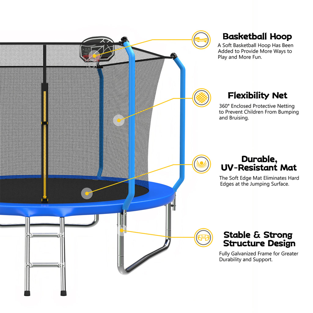 Mersco 10ft Trampoline for Kids and Adults,No-Gap Design Outdoor Trampoline with Basketball Hoop,Enclosure Net and Ladder,Jumping Trampoline SUPER for Boys and Girls Birthday Gift,Blue