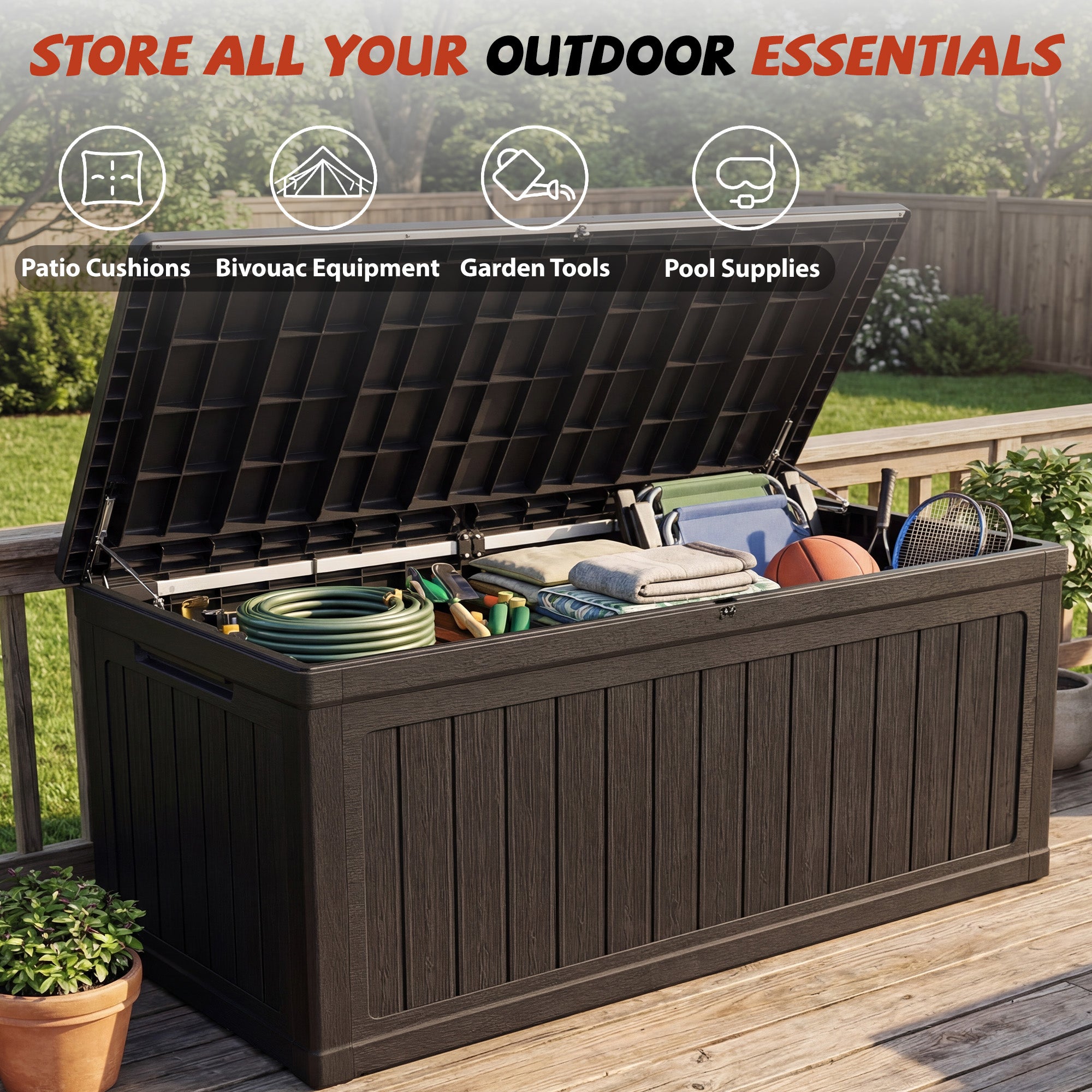 Mersco 260 Gallon Large Deck Box,Lockable Resin Outdoor Indoor Storage Box with Hundles,Waterproof UV Resistant Outside Deck Box for Patio Furniture Cushions, Pool Float,Garden Tool,Black