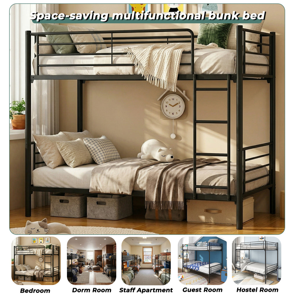 Uiowio Twin over Twin Metal Bunk Bed with Built-in Ladder & Safety Guardrail, Space-Saving Bunk Beds Frame with Storage for Bedroom & Dorm Room, Black