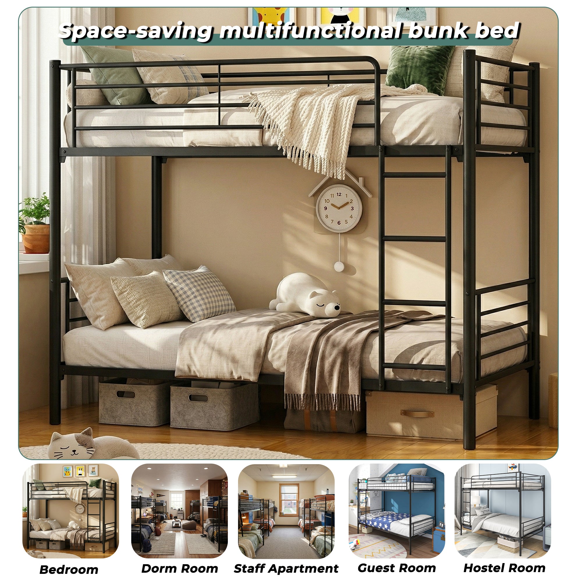 Uiowio Twin over Twin Metal Bunk Bed with Built-in Ladder & Safety Guardrail, Space-Saving Bunk Beds Frame with Storage for Bedroom & Dorm Room, Black