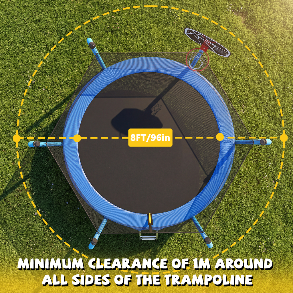 Mersco 8ft Trampoline for Kids and Adults,No-Gap Design Outdoor Trampoline with Basketball Hoop,Enclosure Net and Ladder,Jumping Trampoline SUPER for Boys and Girls Birthday Gift,Blue