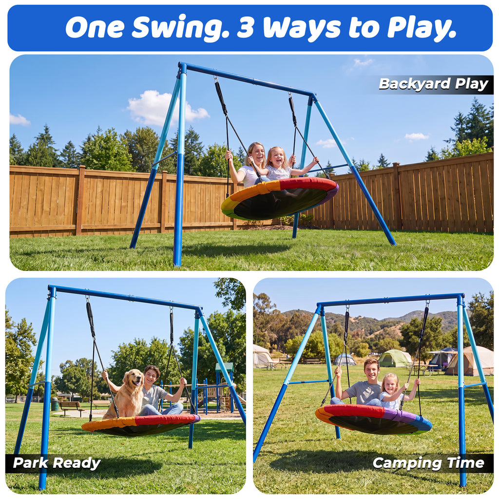 Mersco 60" Saucer Swing with Stand for Adults & Kids, Extra-Large Detachable Round Swing, 440 lbs Heavy-Duty A-Frame for Small Backyards & Camping,Blue