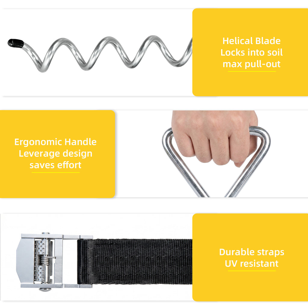 Mersco Trampoline Stakes Kit, Heavy Duty Trampoline Anchors Accessory,rampoline Corkscrew Shape Steel Stakes Anchor Kit for Trampolines Camping Tents-Set of 4 Bonus 4 Strong Belt