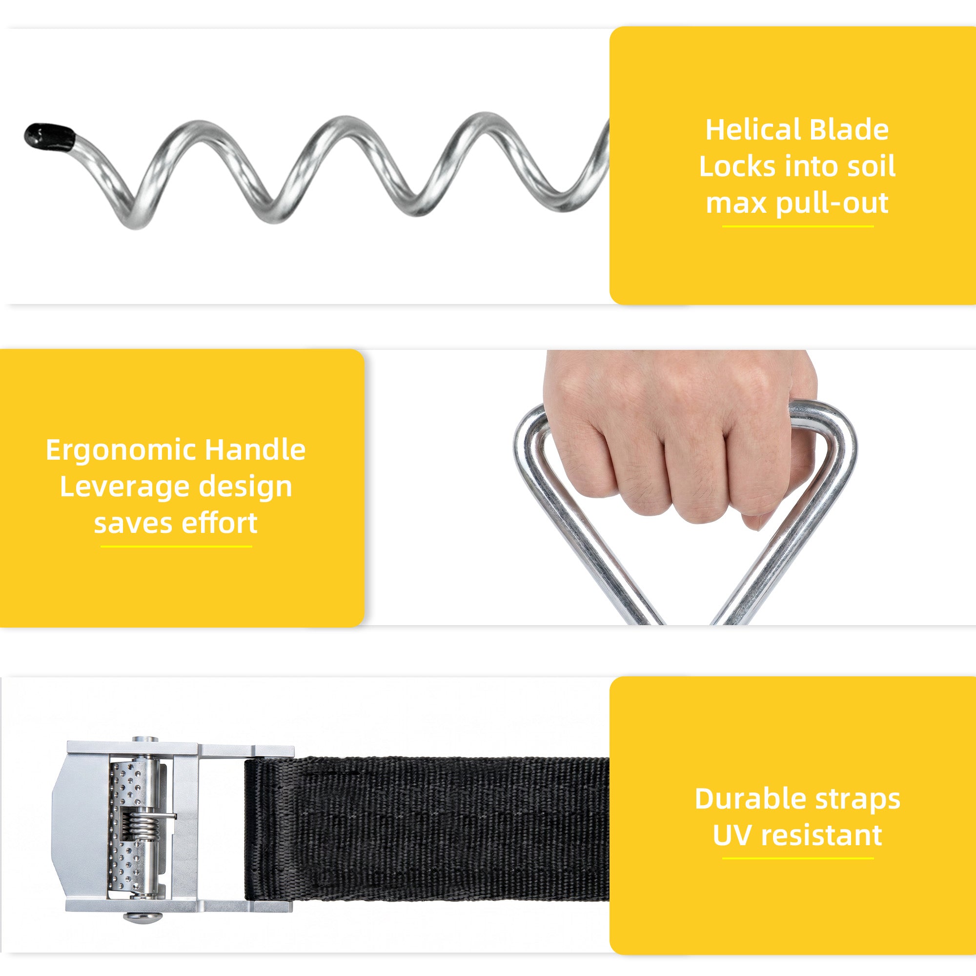 Mersco Trampoline Stakes Kit, Heavy Duty Trampoline Anchors Accessory,rampoline Corkscrew Shape Steel Stakes Anchor Kit for Trampolines Camping Tents-Set of 4 Bonus 4 Strong Belt