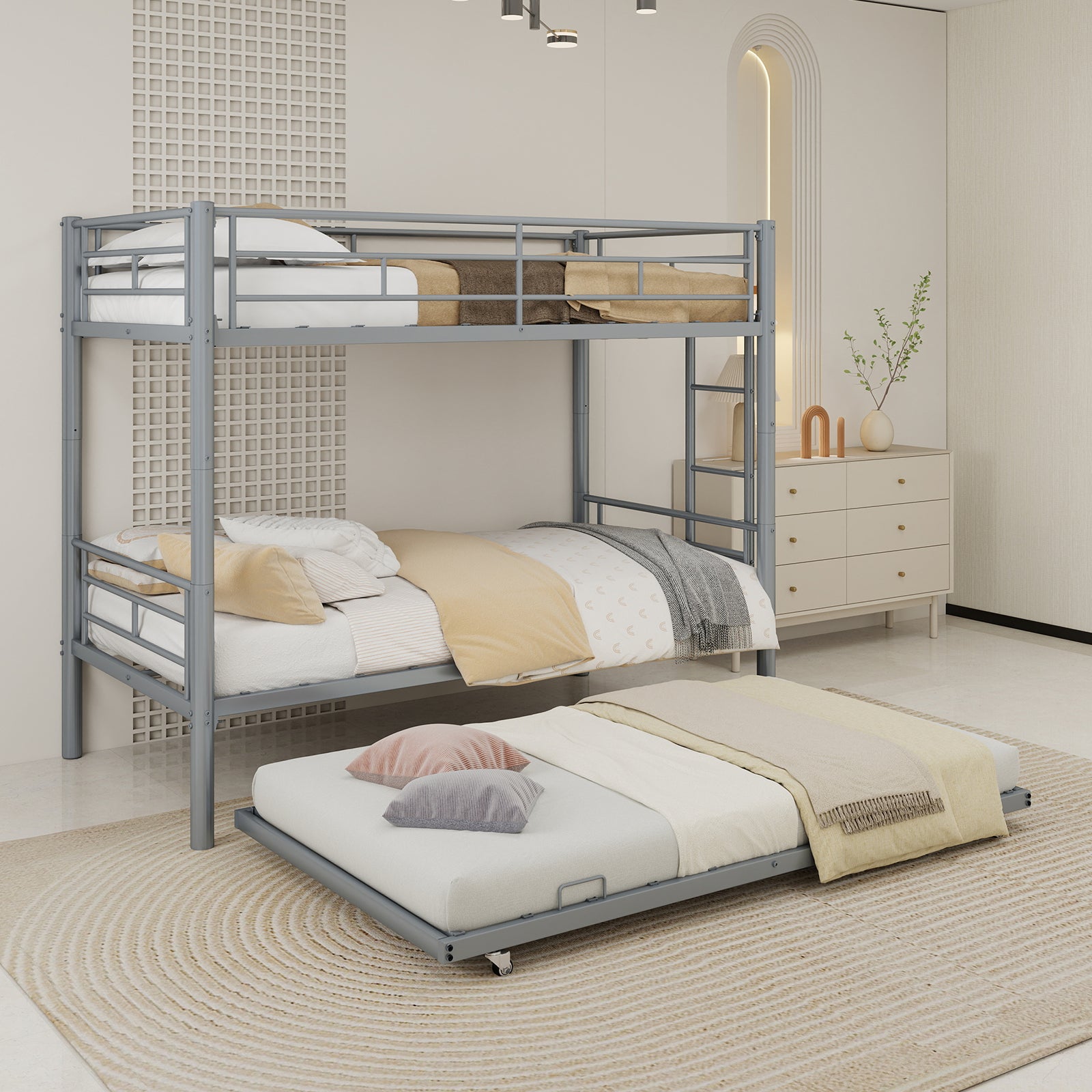Uiowio Triple Bunk Bed Twin over Twin with Trundle,Triple Twin Bunk Bed with Ladder & Guardrail,Metal Convertible Triple Bunk Bed Frame for Teen & Adult,Bedroom,Dorm,Silver(Mattress not included)