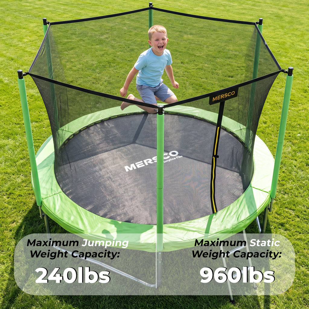 Mersco 10ft Trampoline for Kids,Outdoor Trampoline with Enclosure Net and Ladder,Upright-Poled Backyard Trampoline PLAY for Family Fun,Birthday Gifts,Green