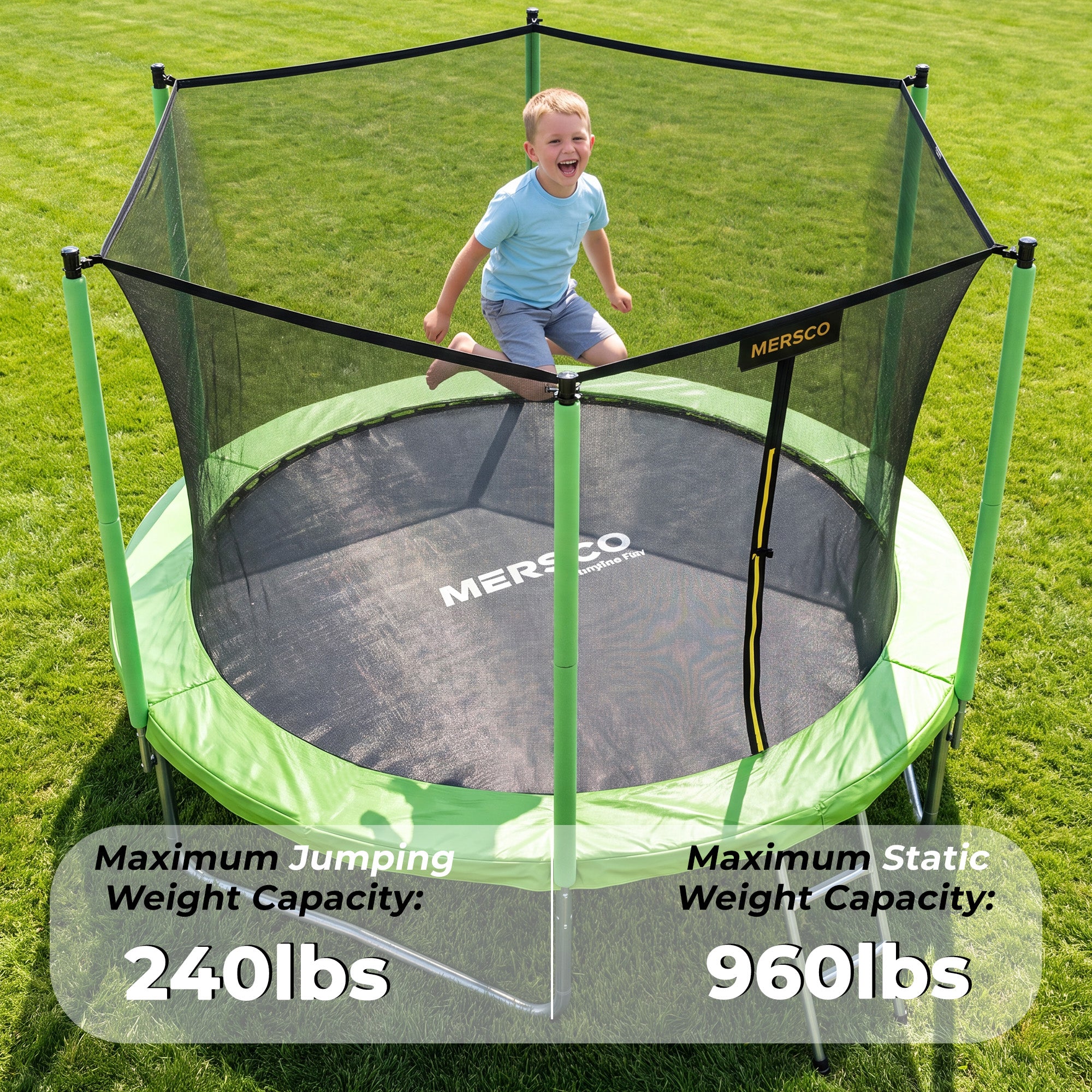 Mersco 10ft Trampoline for Kids,Outdoor Trampoline with Enclosure Net and Ladder,Upright-Poled Backyard Trampoline PLAY for Family Fun,Birthday Gifts,Green