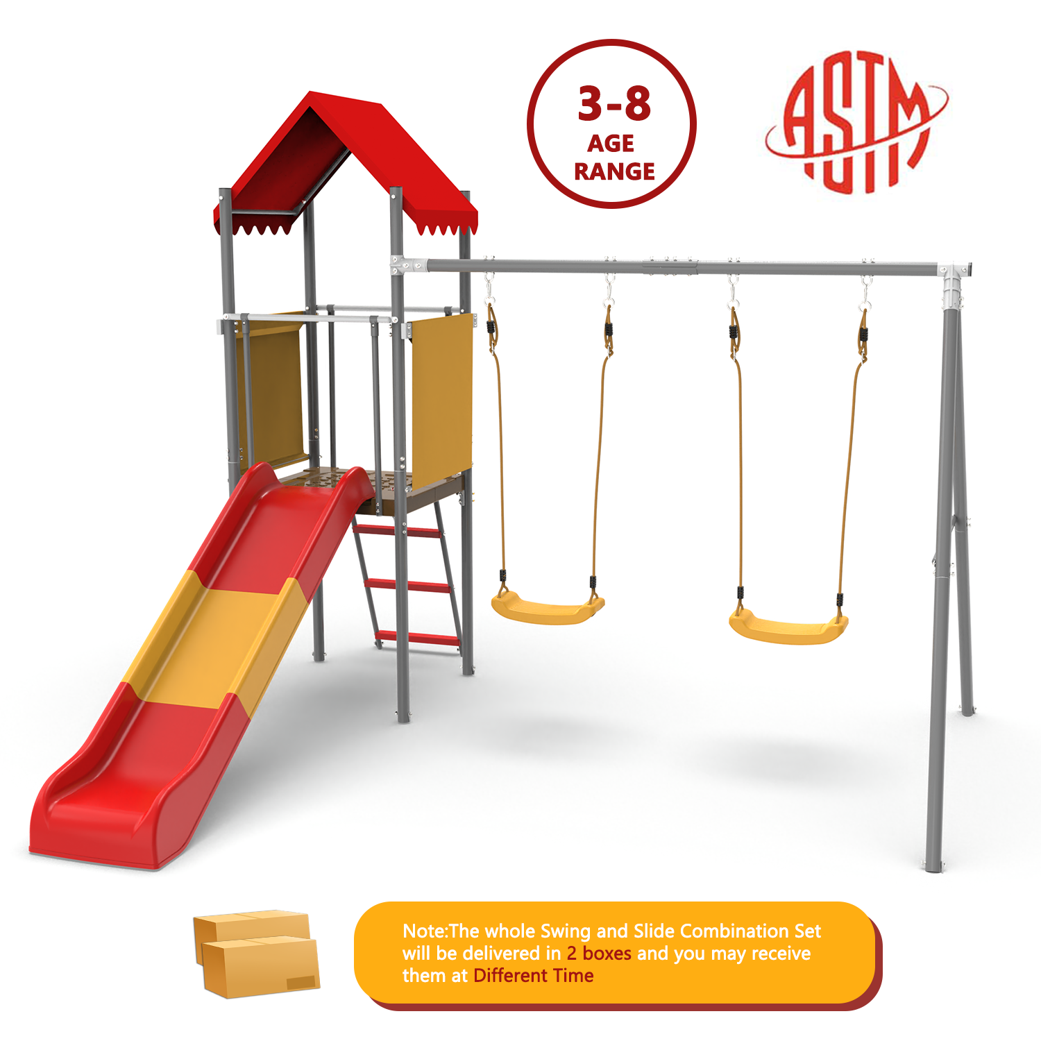 Mersco Metal Treehouse Swing Set with Slide,Heavy Duty Swing A-Frame Stand with 2 Belt Swings,Treehouse Slide with UV Resistant Canopy and Ladder,Outdoor Playset Slide Swing Set for Backyard