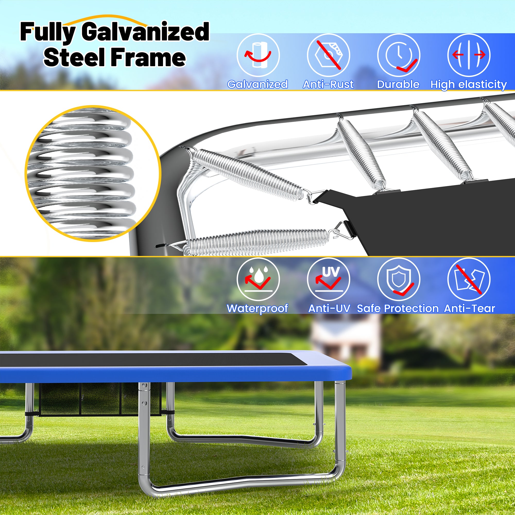 Mersco 8x14FT 4-in-1 Trampoline with Swing Set , Enclosure Net, Recreational Trampoline, Outdoor Kids and Adults Trampoline for Backyard, Beach, Birthday Gifts,Blue