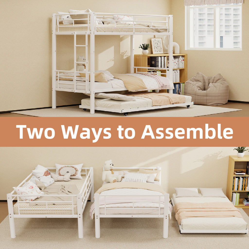 Kdymod Triple Bunk Bed Twin over Twin with Trundle,Triple Twin Bunk Bed with Ladder & Guardrail,Metal Convertible Triple Bunk Bed Frame for Teen & Adult,Bedroom,Dorm,White (Mattress not included)