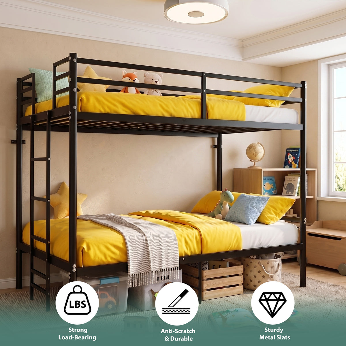Kdymod Twin over Twin Metal Bunk Bed with Storage, Ladder & Safety Guardrail, Space-Saving Heavy Duty Bed Frame for Adults & Teens, No Box Spring Needed, Black