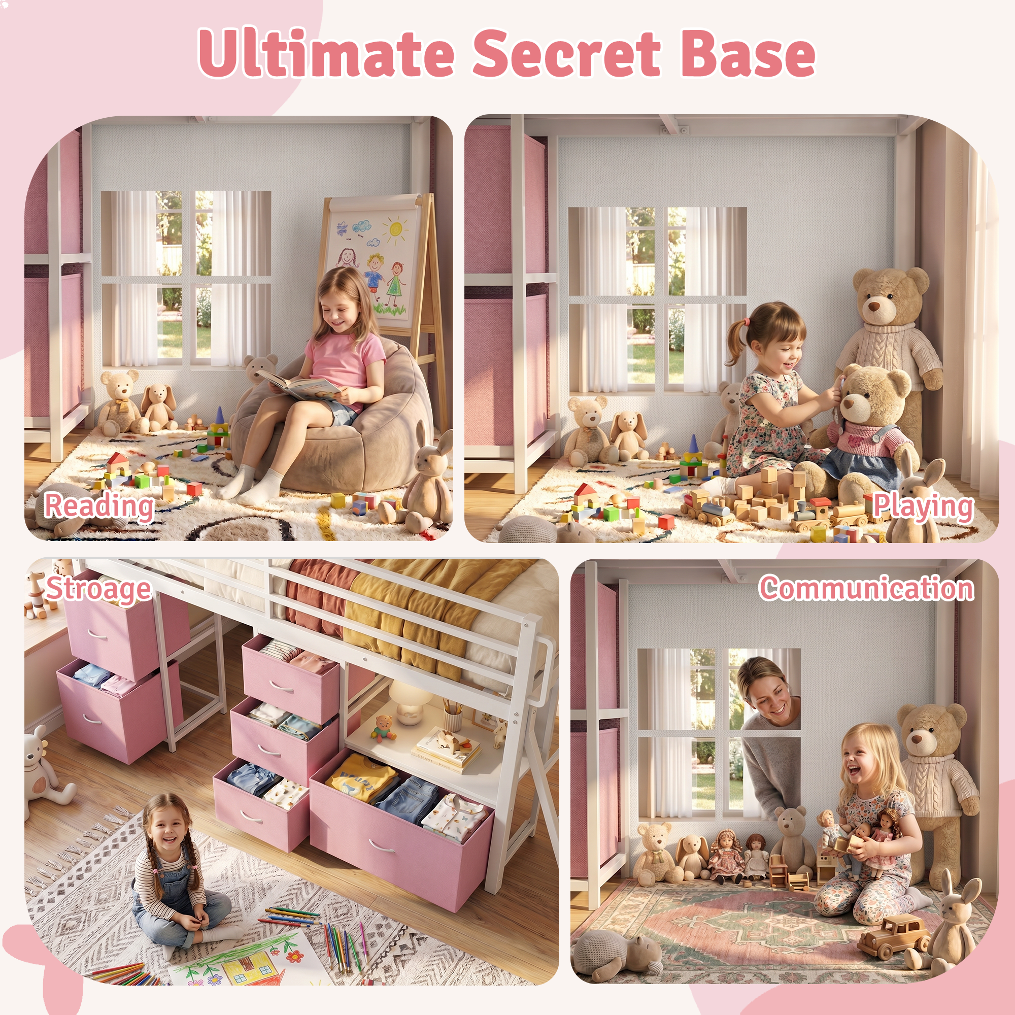 Kdymod Full Loft Bed with 6 Storage Drawers & Shelf, Loft Bed with LED Lights & Play Curtain, Metal Loft Bed Frame with Ladder & Safety Guardrail, Pink