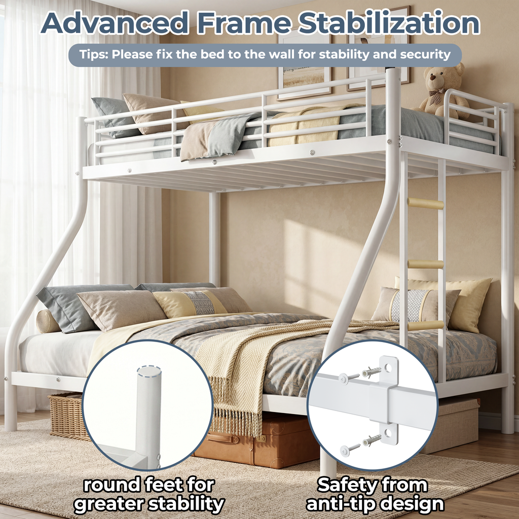 Kdymod Twin XL over Queen Metal Bunk Bed with Stairs & Storage, Heavy Duty Bed Frame for Adults & Teens, Includes 2 6" Memory Foam Mattresses, No Box Spring Needed, White