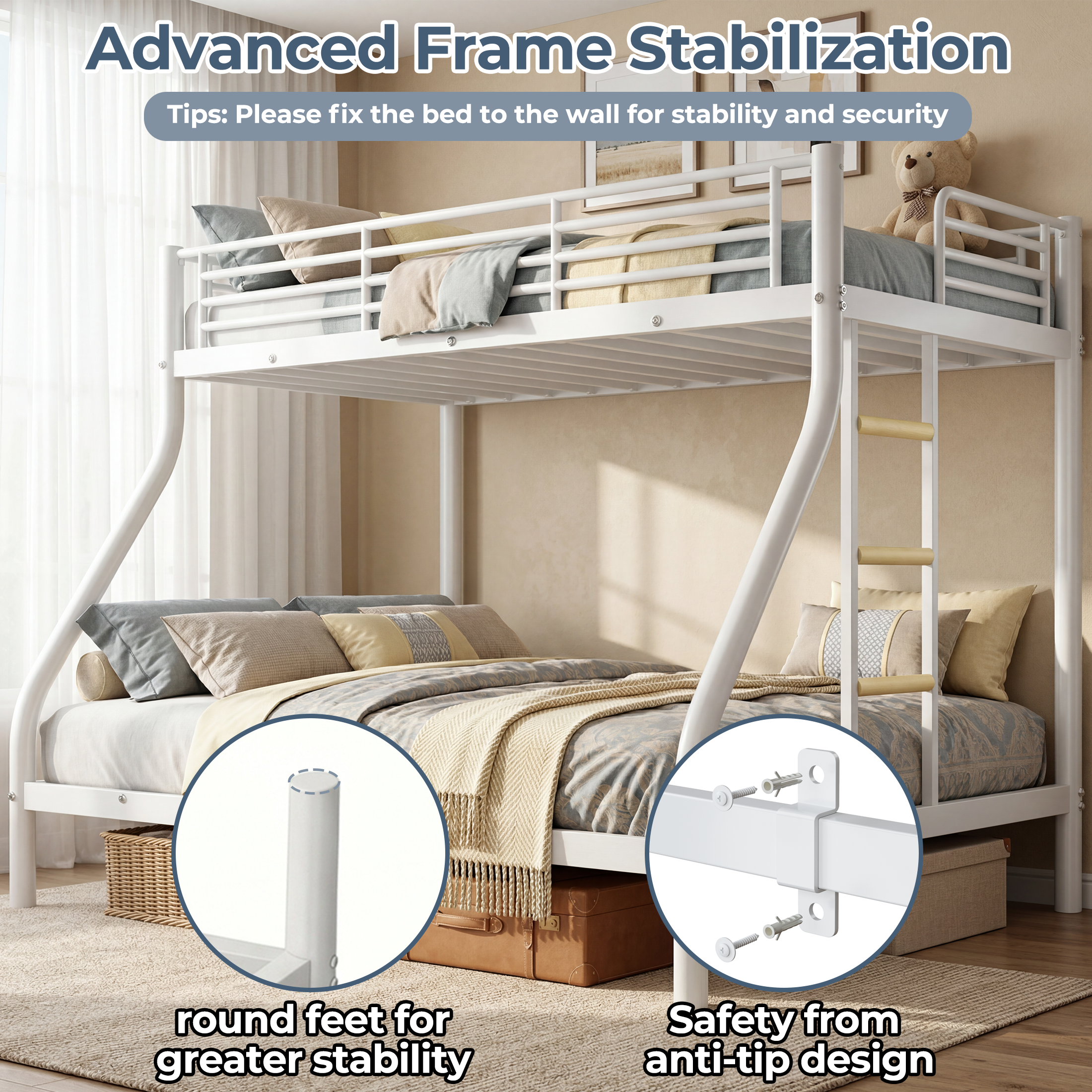 Kdymod Twin XL over Queen Metal Bunk Bed with Stairs & Storage, Heavy Duty Bed Frame for Adults & Teens, Includes 2 6" Memory Foam Mattresses, No Box Spring Needed, White