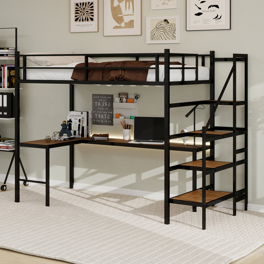 Uiowio Twin Loft Bed with L-Shaped Desk & Large Storage, Space-Saving Loft Bed Frame with Stairs & Continuous Guard Railing, Black