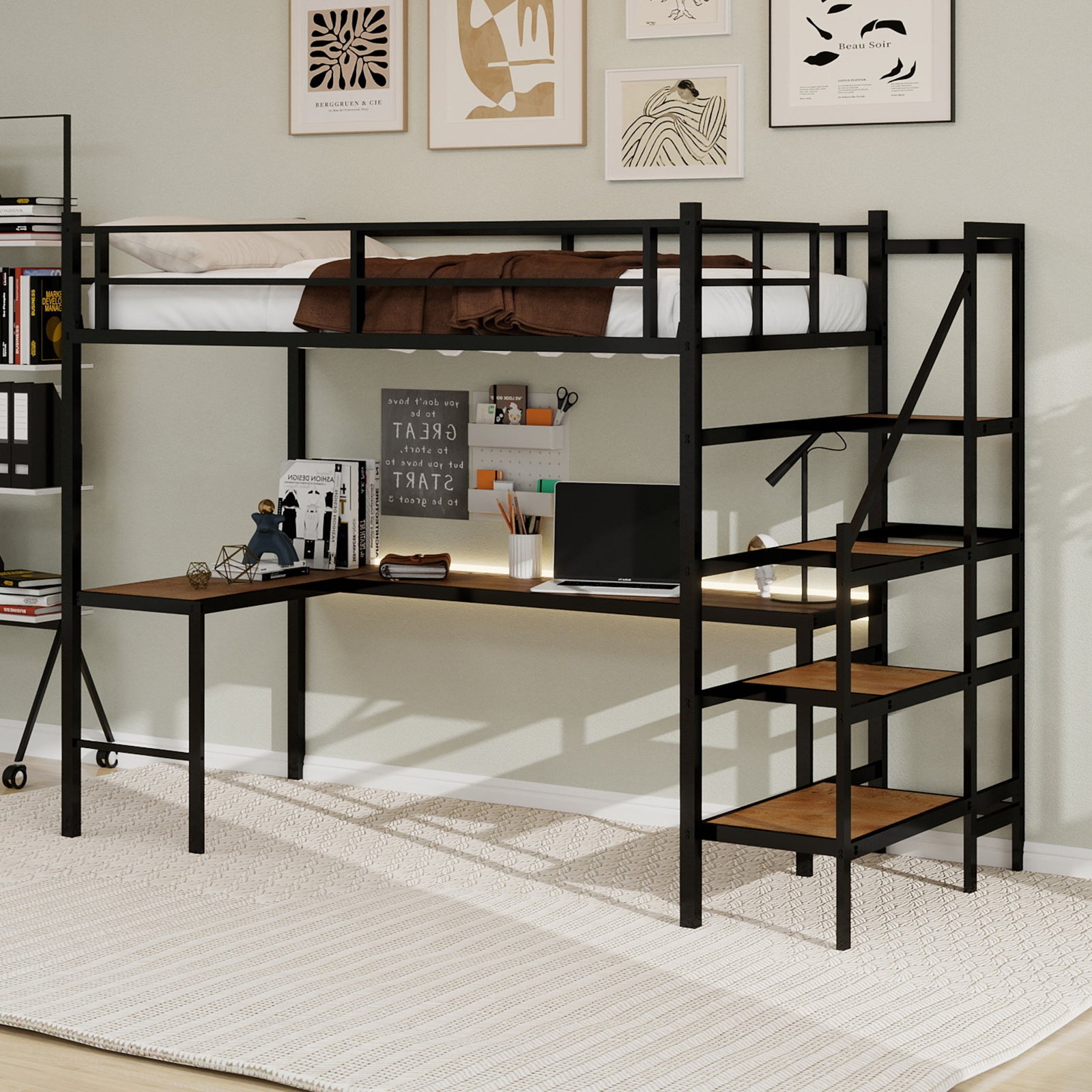 Uiowio Twin Loft Bed with L-Shaped Desk & Large Storage, Space-Saving Loft Bed Frame with Stairs & Continuous Guard Railing, Black
