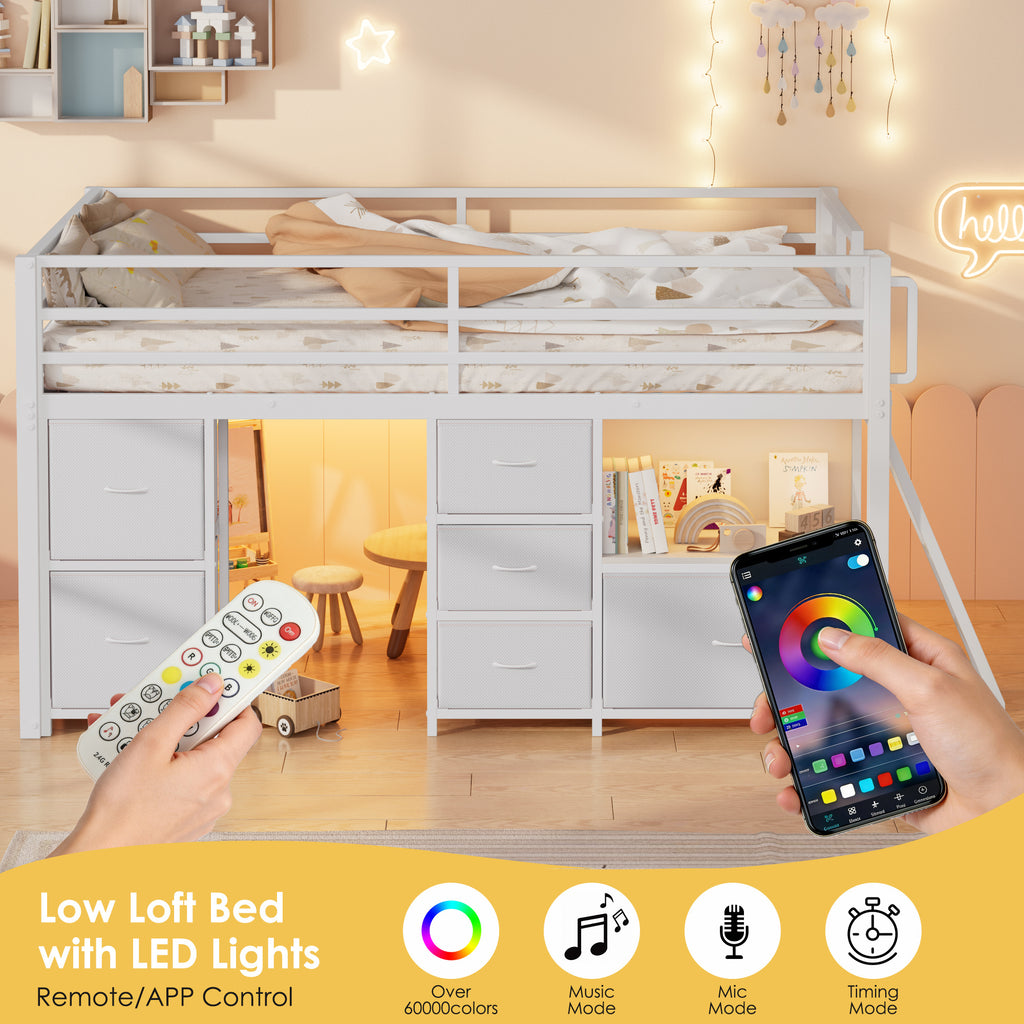 Kdymod Full Loft Bed with 6 Storage Drawers & Shelf, Loft Bed with LED Lights & Play Curtain, Metal Loft Bed Frame with Ladder & Safety Guardrail, White
